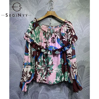 

SEQINYY Chiffon Blouse 2020 Summer Spring New Fashion Design Women Lantern Sleeve Vintage Flowers Print Loose Top Runway