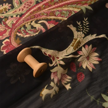 

Bohemian style black background with hot gold cashew flowers thin texture chiffon tops dresses dresses robes fabrics