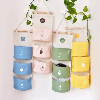 

Wall-Mounted Storage Bag Bedroom Dormitory Fabric Hanging Organizers Linen Cotton Pockets Home Storage Supplies