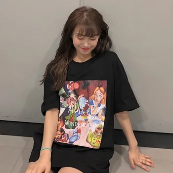 

Casual Stylish Cute Alice In Wonderland Cartoon Print O-neck Pullover Short Sleeve T-shirt Fashion Women Loose Tee Tops 2020 New