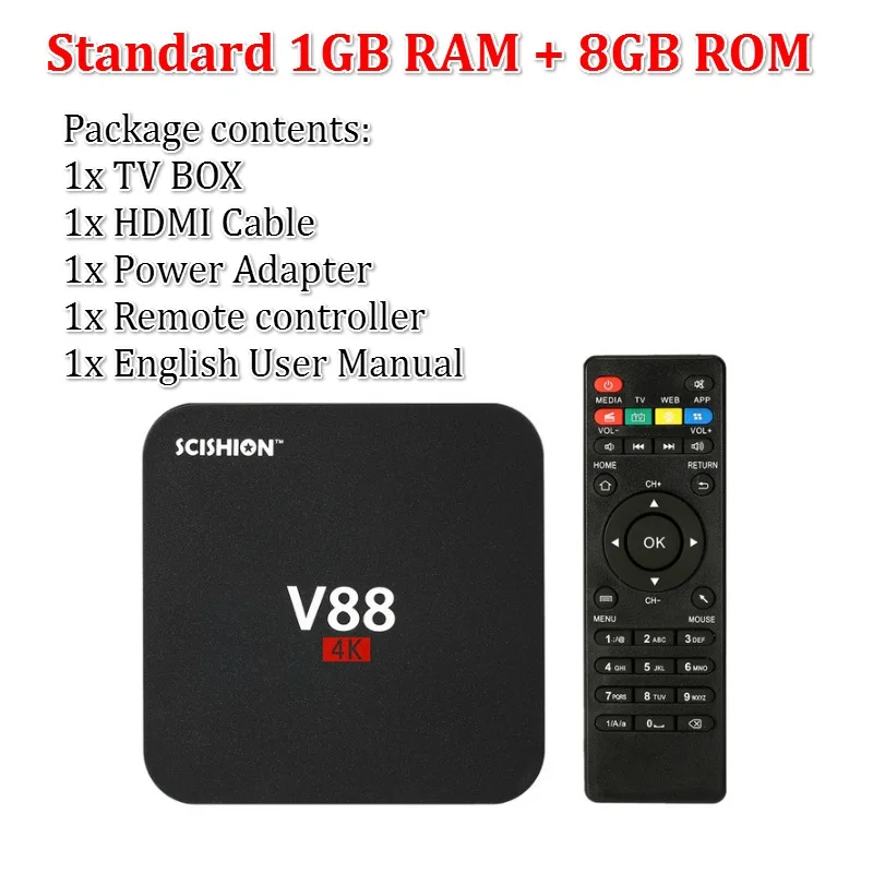 Only 1GB 8GB SCISHION V88 Android tv Box IP tv Android 9,0 OS 1 ГБ 8 ГБ RK3229 4K 3D 2,4 ГГц wifi четырехъядерный Смарт ТВ приставка медиаплеер - Цвет: Only 1GB 8GB