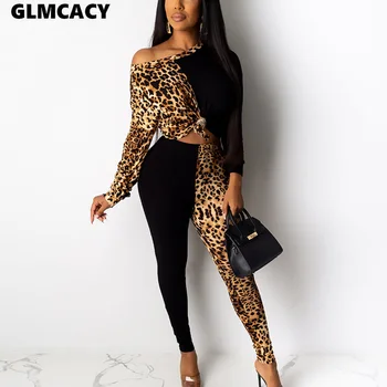 

Women Two Piece Leopard Color Block Outfits Set.Long Sleeve Crew Neck Top and Skinny Pants Classy Chic Suits Casual Tracksuits
