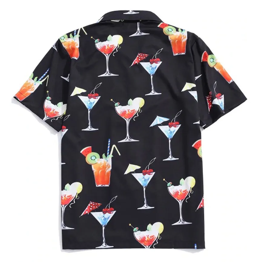 Camisa Masculina Manga Curta, мужская летняя модная Гавайская Повседневная рубашка с коротким рукавом, с отворотом, с мультяшным принтом напитков, мужские рубашки Coton