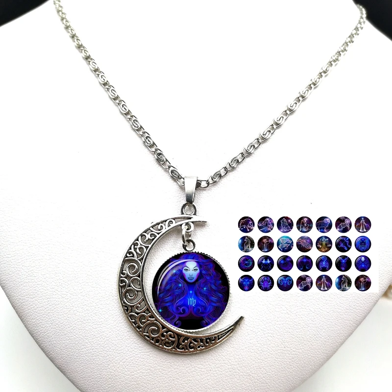 

12 Constellation Necklace Zodiac Signs Cabochon Glass Crescent Moon Pendant Clavicle Chain Necklace Birthday Gifts for Women