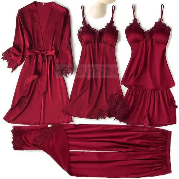 Pajama Set Women Lace Trim Satin Sleepwear Pyjamas Pour Femme Summer Nightwear With Pants Casual Home Wear Kimono Robe Gown PJS Burgundy  A