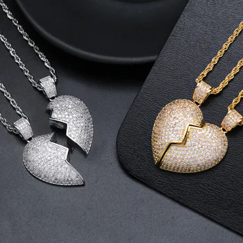 

LuReen Separable Broken Hearts Couple Pendant Necklace Full Iced Out Cubic Zirconia Gold Silver Color Chokers Necklace Jewelry