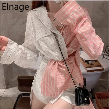 

Elnage Fashion Korean Spring Clothes Women Twist Casual Big Designer Tops Long Sleeve Stripe Shirts Splicing Loose Blouse 5A373