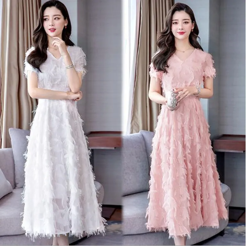 High Quality Plus Size M-3XL Summer New Arrival Hot Sale V Collar Short Sleeve Tassel Woman Chiffon Long Dress QV686