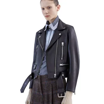 

Genuine Leather Sheep Skin Leather women's Locomotive Leather Bomber Jackets In Belt Coat Big Size Motorcycle Jacket