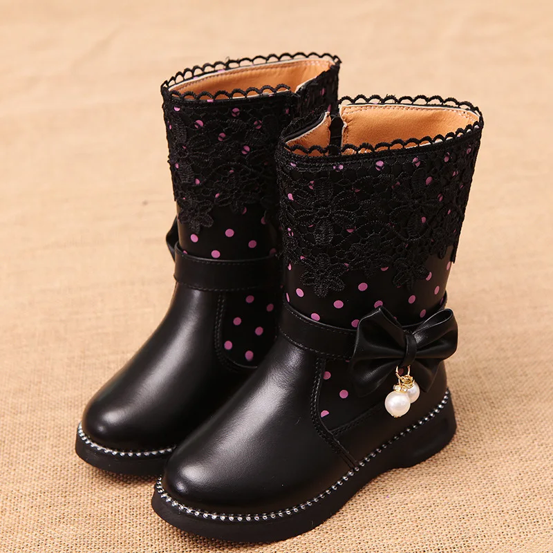 

Children'S Winter Boots for Girls Rhinestone Flower Fashion Plush Long Boots Princess Flats Dress Shoes Snow fashion Boots