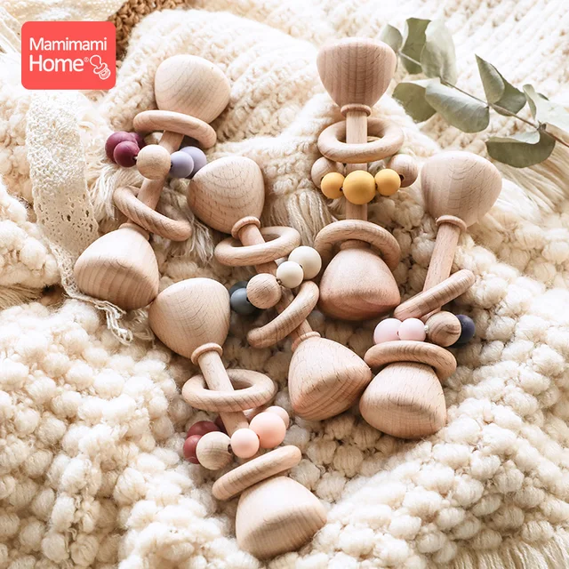1pc Baby Teether Wooden Music Rattle BPA Free Wooden Gym Ring Rodent Silicone Beads Newborn Educational Montessori Toys For Kids 2