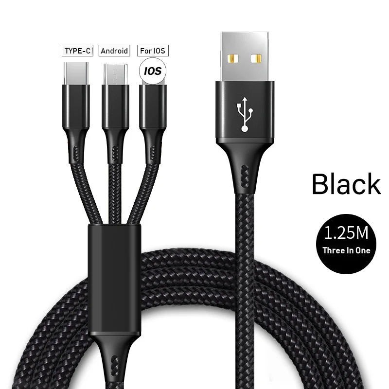 3 в 1 USB кабель для iPhone XS Max X 7 2.4A Быстрая зарядка зарядное устройство type-C Micro USB кабель для samsung S10 мобильный телефон USB C шнур - Тип штекера: Black