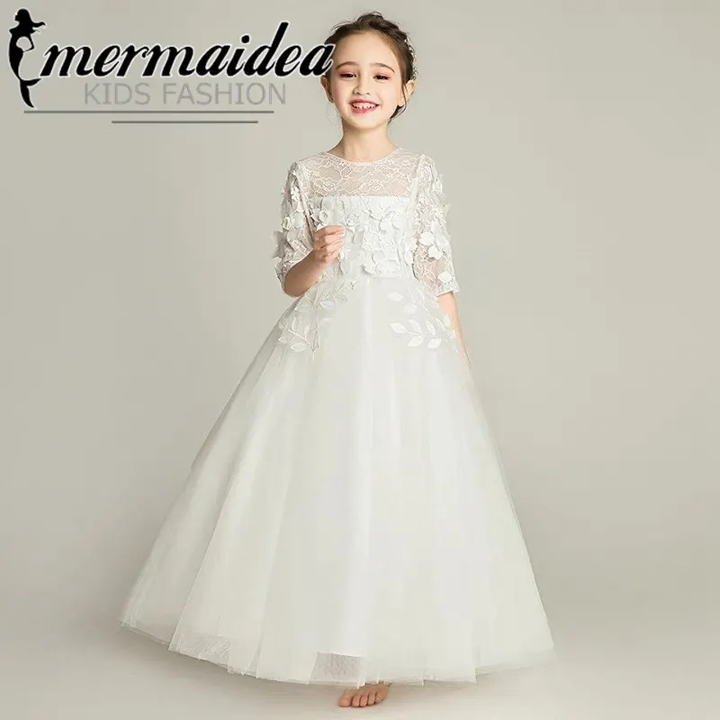 white long dress Элегантное детское платье для девочек от 3 до 15 лет; цвет розовый, белый; кружевное платье принцессы для дня рождения, вечеринки, вечеринки; подарок на свадьбу для детей-подростков - Цвет: white long dress