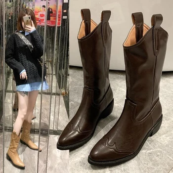 

Knee-high Boots Women Boots Women Shoes Woman Fashion Pointed Retro Boots Ladies Boots 2020 Autumn New PU Knee-High Boots D579