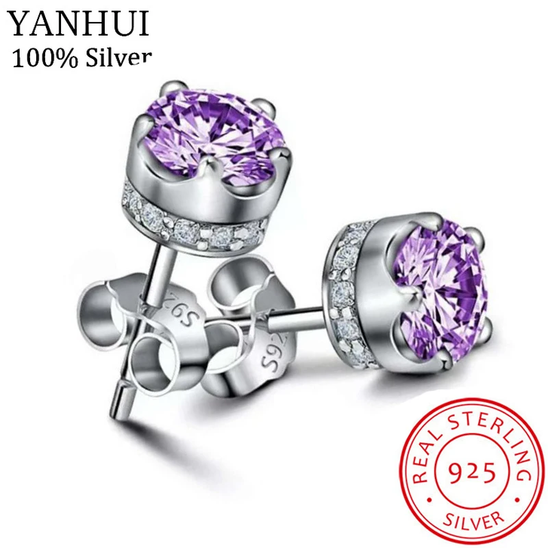 Purple Diamond YANHUI модные оригинальные серебро 925-й пробы 2 цвета круглые серьги-шпильки кубический циркон тонкие серьги ювелирные изделия для женщин девушка подарок E228 - Окраска металла: Purple Diamond