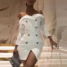 Сексуальный женский костюм, белое платье-блейзер с открытыми плечами, женское облегающее платье с длинным рукавом и пуговицами на груди, элегантное платье для клуба