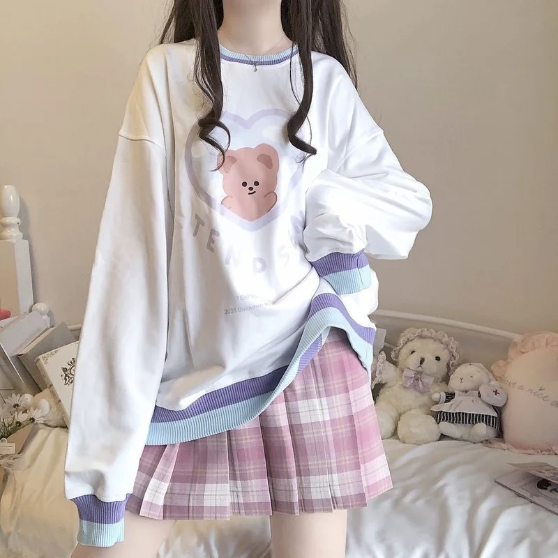 2021 Autumn Bear Hoodies Femme Patchwork Pullovers Sweatshirt Women Fashion Kawaii Clothes MINGLIUSILI Casual Long Sleeve Top