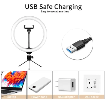 

10 Inch Dimmable LED Selfie Ring Light USB Ring Lamp Photography Light With Phone Holder Tripod Stand For Makeup Youtube Video R