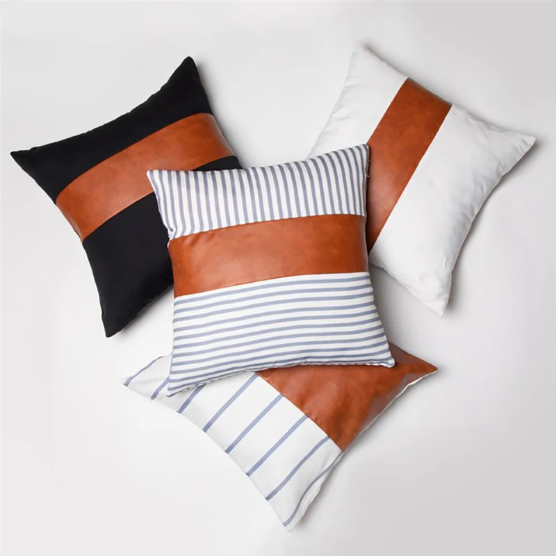 Pillowcases Modern Cushion Cover Throw Pillow Cover 45*45cm Decorative Pillows PU Leather Striped Stitching Cushion Covers Decor
