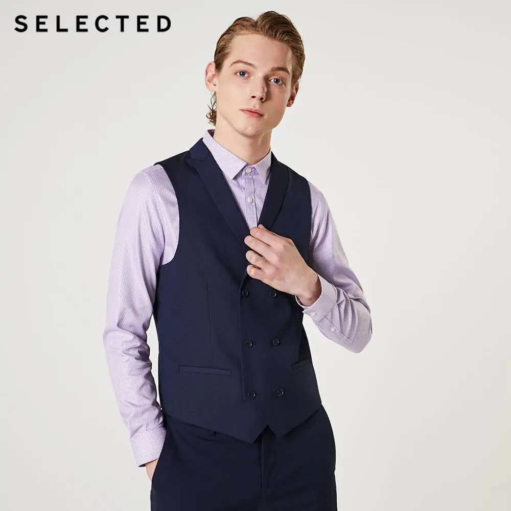 SELECTED Mens Pure Color Double-breasted Business Slim Fit Vest T|419334501