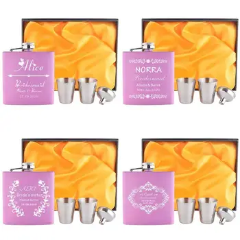 

4 Sets of 6oZ Portable Hip Flask Set Personalized Engraved Box Groomsman Bridesmaid Bachelor Party Proposal Wedding