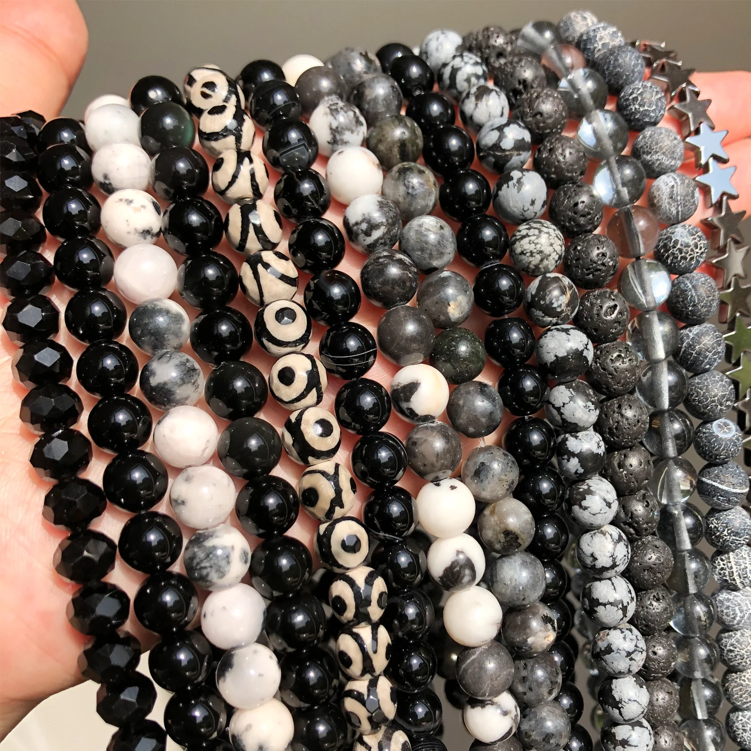 Natural Stone Beads Black Hematite Zebra Jespers Round Spacer Beads for Jewelry Making DIY Bracelet Necklace Accessories 15''