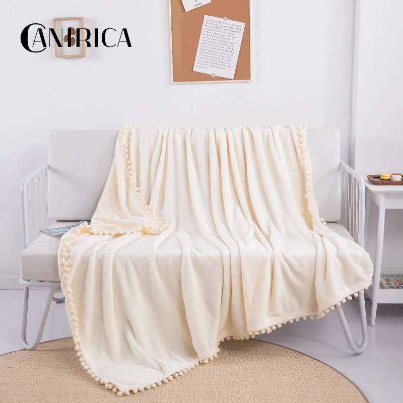 CANIRICA, желтое одеяло, Флисовое одеяло с маленькими помпонами, покрывало для дивана, детское одеяло, полотенце для путешествий, зимнее теплое украшение