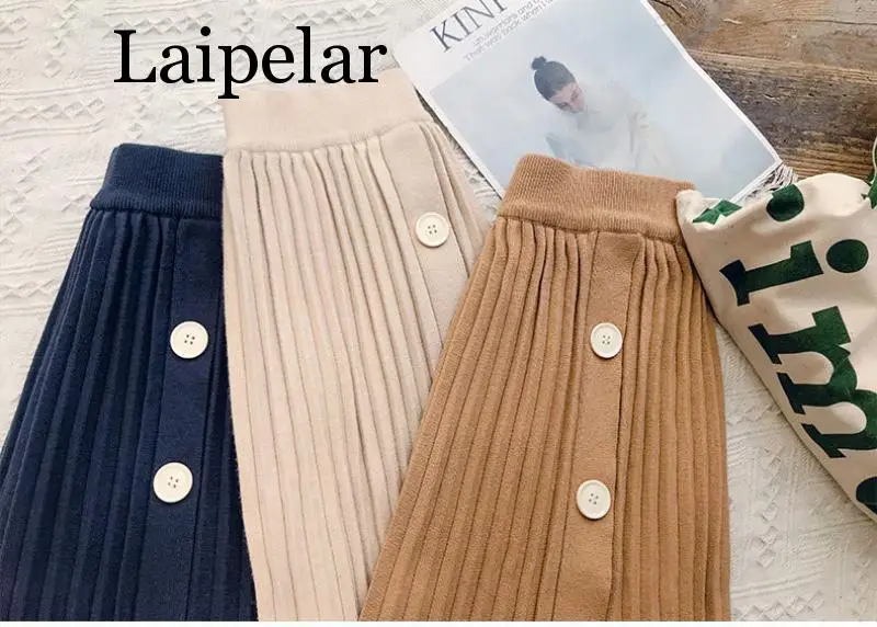 Осенне-зимние эластичные юбки с высокой талией для женщин s Faldas Mujer Moda Jupe вязаные плиссированные юбки женские тонкие юбки на пуговицах