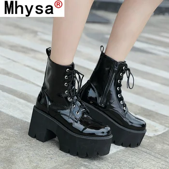 melhor Mulher Rendas Botas De Outono Das Mulheres Senhoras Chunky Cunha Plataforma Preto Patente Couro Tornozelo Botas Punk Goth Nova Chegada 2020