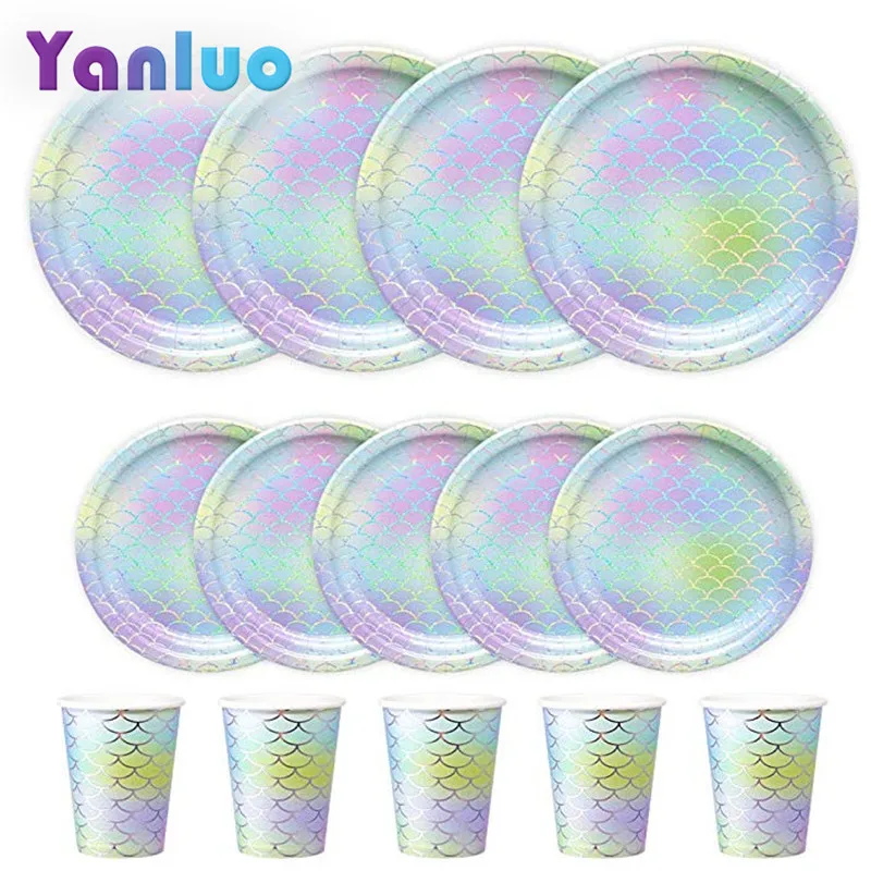 

Mermaid party disposable tableware Laser Fish Scales paper plate cup paper towel kids birthday party decoration baby shower set