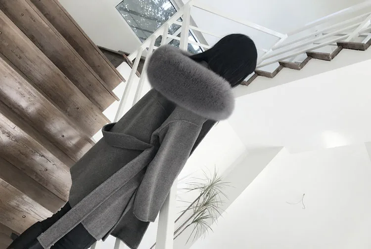 Women Wool Blend Coat fox Fur Collar Hooded jacket fashion new real fur coat long streetwear thick warm parka
