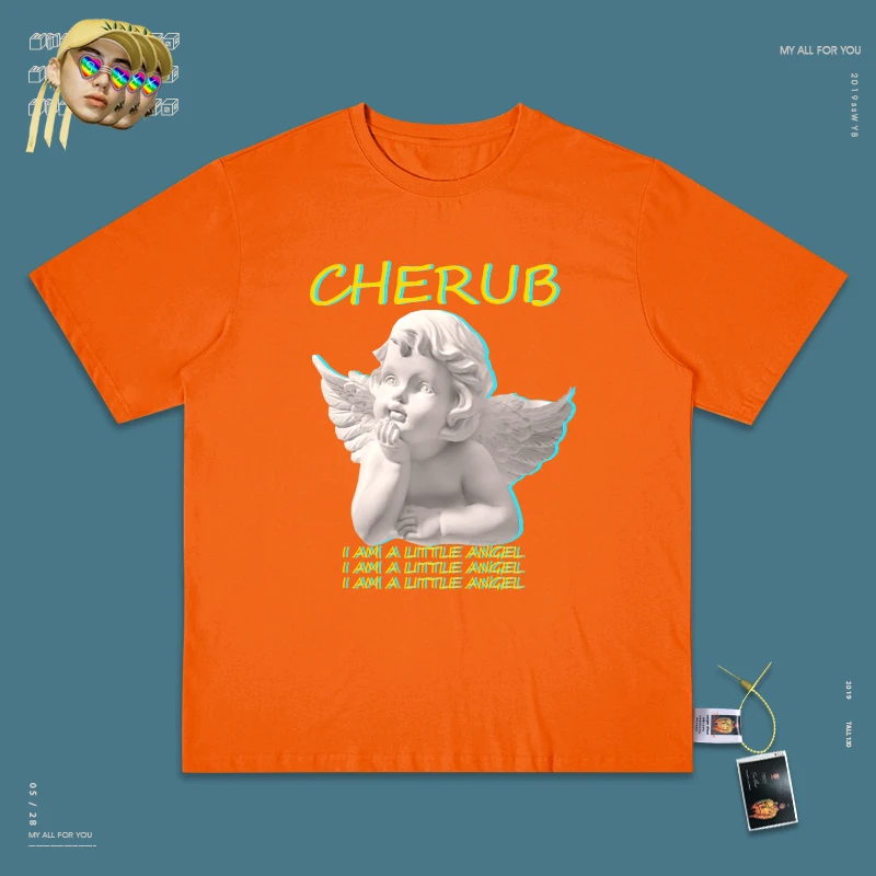 Ins A Fairy Gas/Настоящая одежда, скульптура, портрет, Паровая волна, футболка, платье для влюбленных, футболка, мужская, тяжелое изображение, неоновые огни - Цвет: orange