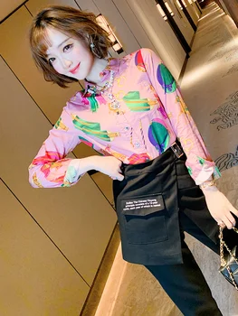 

Fashion Printed Elegant Lapel Pocket Patch Single Breasted All-match Shirt Top Female 2020 Early Autumn New