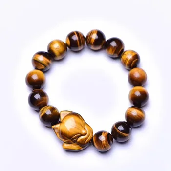 

FYJS Unique Handmade Weave Lovely Fox Connect Natural Tiger Stone 10 mm Round Beads Elastic Bracelet Ethnic Style Jewelry