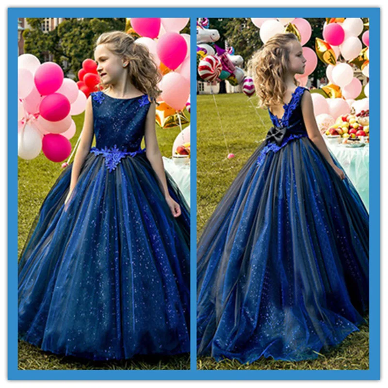 

Dark Blue Lace Kids Flower Girl Dresses For Weddings Party Birthday Tulle Pageant Princess Gowns First Communion Dress