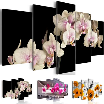 

Modern Elegant White and Light Pink Orchid on A Black Background 5 Piecs Canvas Painting Poster Flower Picture Home Decor