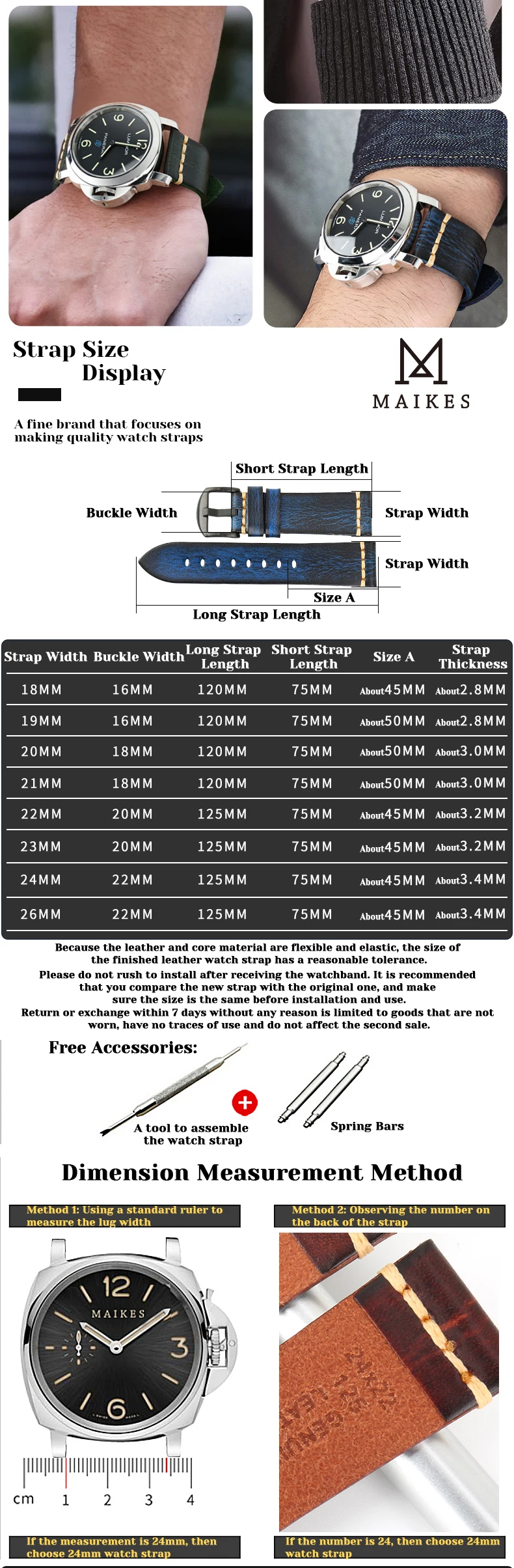 Maikes Genuine Leather Watchband for Galaxy Watch Strap 18mm 20mm 22mm 24mm Watch Band Tissote Timex Omega Wrist Bracelets