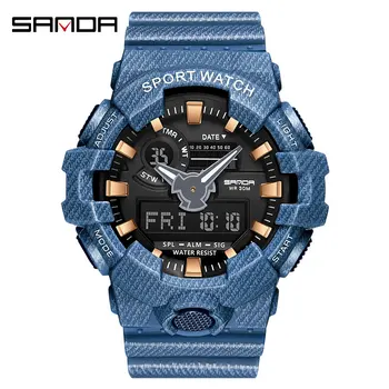 

SANDA Outdoor Sports Men Quartz Watch Fashion Analog Denim Waterproof LED Digital Watches Week and Date Display Dual Time Watch