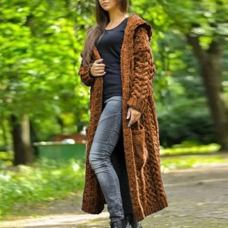 

Winter Long Sleeve Solid Color Knitted Hooded Open Front New Autumn Women Fashion Long Loose Sweater Cardigans Ladies Outerwear