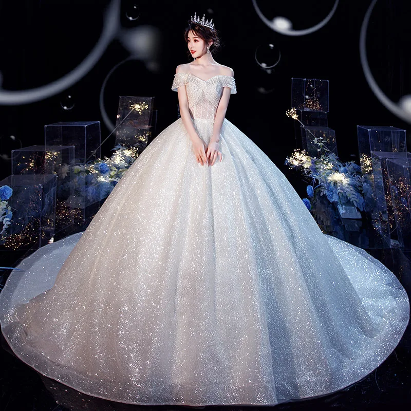 

Vestido De Noiva 2020 Wedding Dress Luxury Boat Neck Sweep Train Ball Gown Off The Shoulder Bling Bling Robe De Mariee