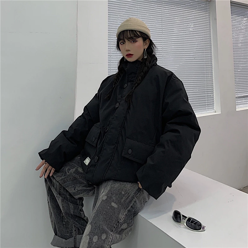black Зима Япония и Корея Harajuku толстое хлопковое пальто куртка мужская и женская куртка большой карман космический костюм рабочая уличная одежда - Цвет: black