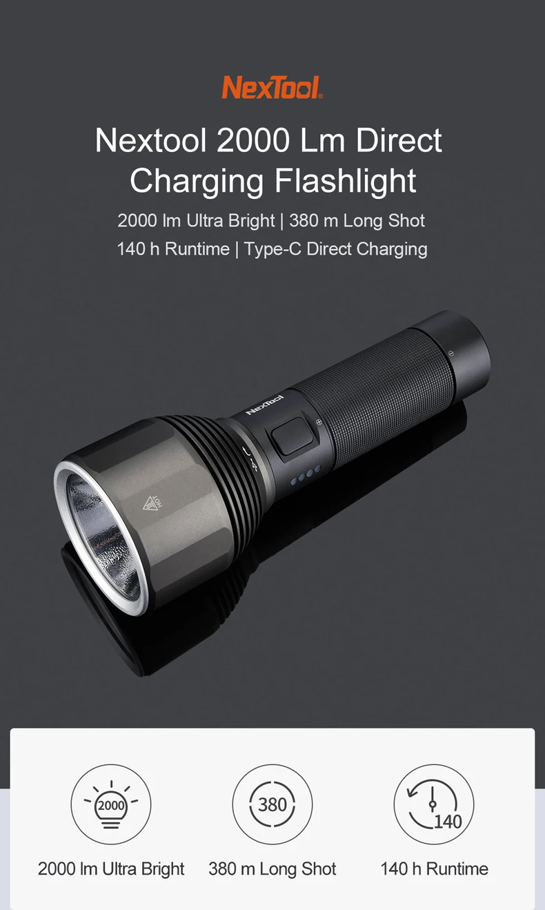  NexTool Rechargeable Flashlight 2000lm 380m 5 Modes IPX7 Waterproof LED light Type-C Seaching Torch - 4000410095328