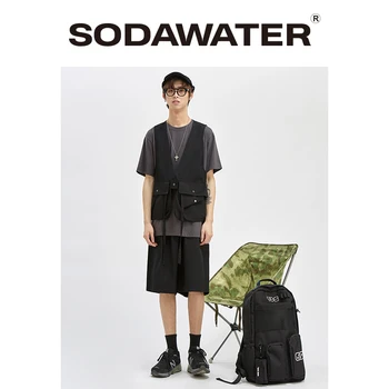 

SODAWATER Men Suit Streetwear Male Utility Vest Jacket With Pocket In Soild Color & Men Summer Shorter Shorts In Loose Fit