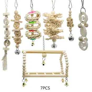 

7Pcs Natural Wood Bird Parrot Swing Chew Toys Hanging Bell Bird Cage Perch LX9C