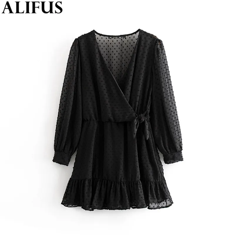 

Fashion Za Women Mini Dress 2019 Black Chiffon Sexy Cross V Neck Lantern Sleeve Slim Hem Ruffles Dresses Female Ladies Vestidos