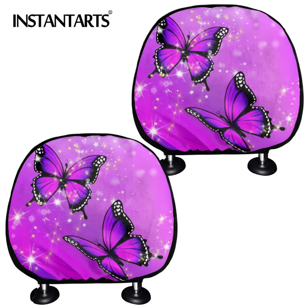 

INSTANTARTS Pink Butterfly Pattern Car Seat Headrest Cover Custom Rest-Cushion Set of 2 Universal Head Rest Covers for Women