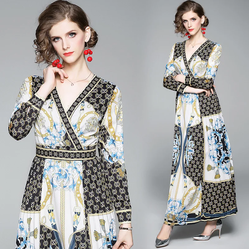 

Autumn Clothing New Style Europe And America Printed Long Sleeve Big Hemline Skirt-Style Positioning Floral Printed Dress