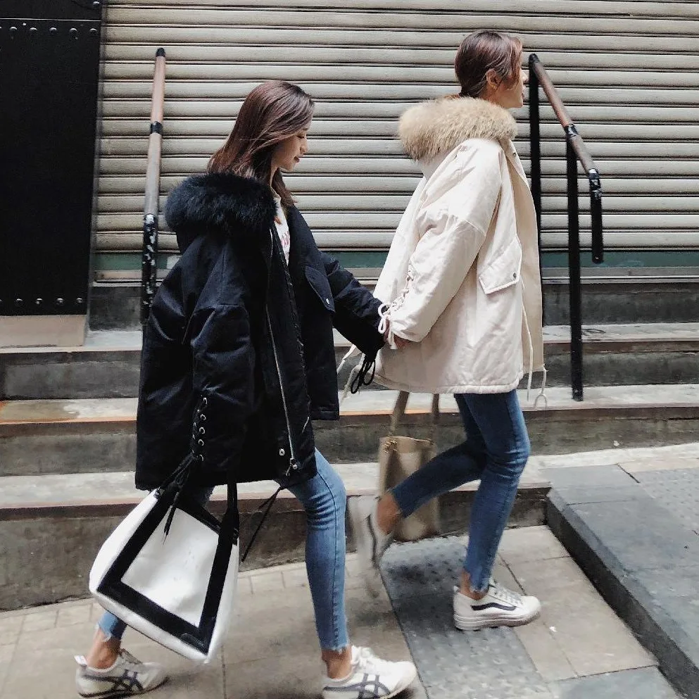 

Photo Shoot 2018 Winter Sisters Outfit Cross Straps Sleeve Workwear Cotton Coat BF Laziness Hooded Large Fur Collar Drawstring C