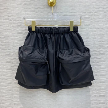 

2020 new high-end brand black mini skirts womens big pockets patchwork elastic high waist streetwear novelty chic skirt