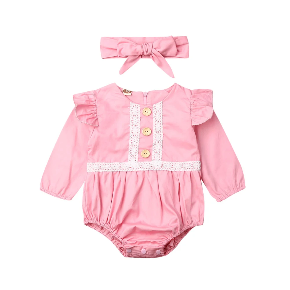 Brand New Baby Set Newborn Infant Baby Girl Solid Lace Romper Jumpsuit Autumn Bow Headband Button Long Sleeve Autumn Ruffle